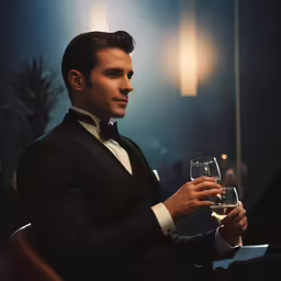 a man in a tuxedo holding a wine glass