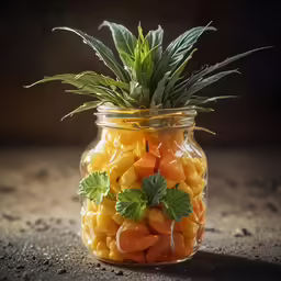 the mason jar has several different colored vegetables in it