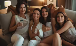 four women laying down on top of a couch holding phones