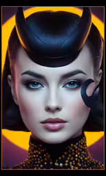 a woman with blue eyes and a black horns headpiece is dressed in black clothes