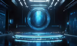 an empty space with a neon ring and other lights