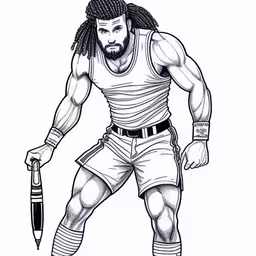 a drawing of person with dreadlocks,an ink drawing of an wrestler standing with a baseball bat,an ink drawing of a man with dreadlocks holding an umbrella,an ink drawing of a man with long hair, holding a pencil,the man in the wrestling stance with his racket