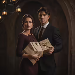 a man in suit and tie standing next to a beautiful woman holding a box