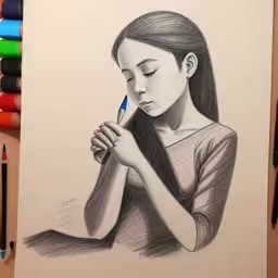 a drawing of a girl with a pencil,pencil drawing of woman holding a penset looking down