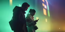 two people in an art installation of colorful lights using their phones