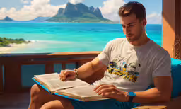 the man is reading a book on a balcony,a man in white shirt reading a book on balcony overlooking the water