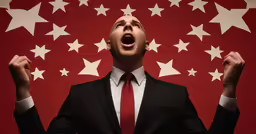 man wearing a suit and tie with one open mouth with stars on red background