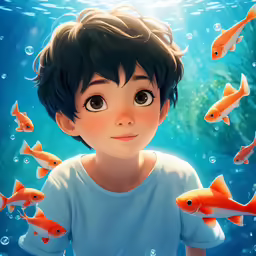 a young boy standing beneath water with small fish around him