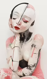 a female body painted in white with red accents