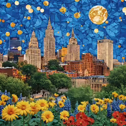a painting of yellow and red flowers near a city with yellow moon