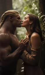 a woman standing next to a man who is giving a kiss
