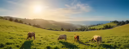 five cattle grazing in a green pasture with mountains