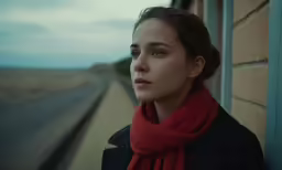 the girl is standing by a building and looking off into the distance