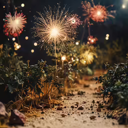 fireworks are lit up in the night sky