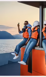 the three people are wearing orange vests and white helmets