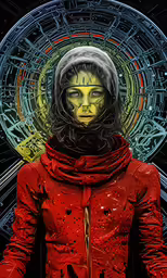 the image of a woman wearing a red coat is drawn with paint