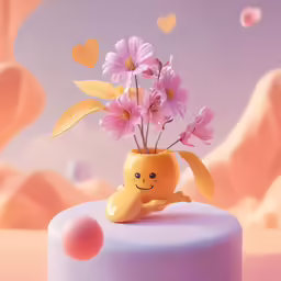 a yellow and pink teddy bear with flowers in a vase