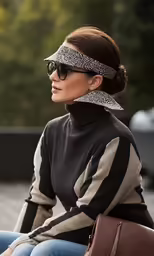 a woman sitting on a ledge wearing some sunglasses