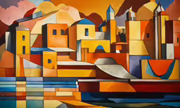 an artistically painted city landscape,a painting of a city landscape with lots of buildings