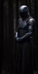 a man wearing a dark knight outfit standing in a forest