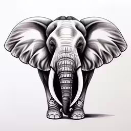 an elephant in black and white has tusks,this is a picture of an elephant in pencil,the elephant is in the white wall drawing,an elephant that is on a white surface,an elephant drawing on paper that has been done