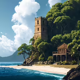 a castle is shown with trees near the ocean