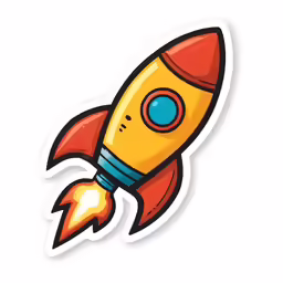 a cartoon rocket with blue eyes and yellow rocketstick