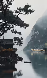 tree and rocks on a mountain shore near water