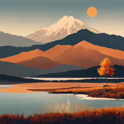 an orange and green landscape showing mountains, water, grass and a tree,there is a small lake in the foreground, and the mountain behind it