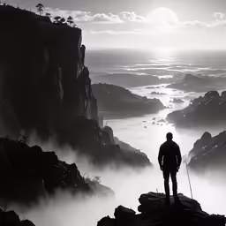a man is standing on a rock with snow skiing