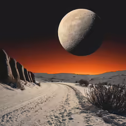 an artistic view of a full moon above a desert road