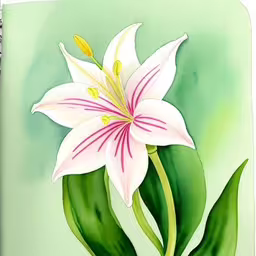 a watercolor painting of a white and pink lily