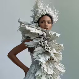 woman in an abstract dress covered with feathers
