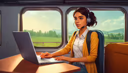 an animated image of a woman with headphones on looking at a laptop,the young girl is working on her computer
