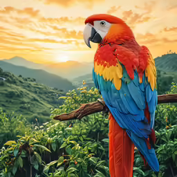a red and yellow parrot sits on a tree branch with mountains in the background