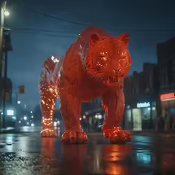 lighted lions on the street at night time