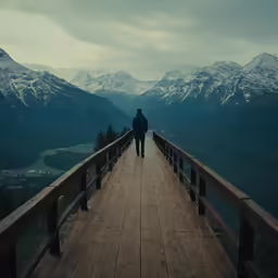 a person walking across a wooden bridge surrounded by mountains