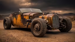 an old rusted, abandoned car is parked in the desert