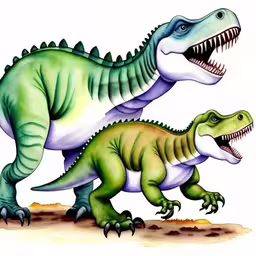 two dinosaurs one is biting the other has its mouth open