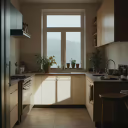 an empty kitchen has a big window on it