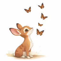 a small brown and white dog surrounded by butterflies