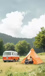 two people with a van are sitting in the grass