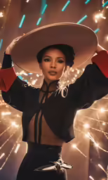 a young lady is wearing a large white hat
