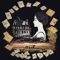 the woman is in front of a lot of money,a black and white photo of a woman