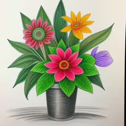 drawing with colored pencils of a flower arrangement in a vase,a picture of a pot of flowers is shown,a vase with colorful flowers is on a table,an art project that is being displayed to see,a drawing of flowers in a vase