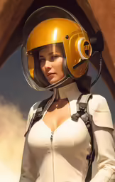a woman wearing a yellow helmet standing in front of some rocks