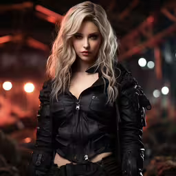 a woman wearing leather is posing for a photograph,a very attractive young lady in a black jacket