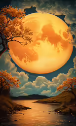 a painting of the moon and a river by it