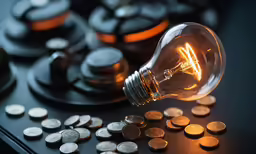 an illuminated lightbulb surrounded by unpacked pennets
