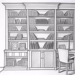 a drawing of a library book shelf with a desk